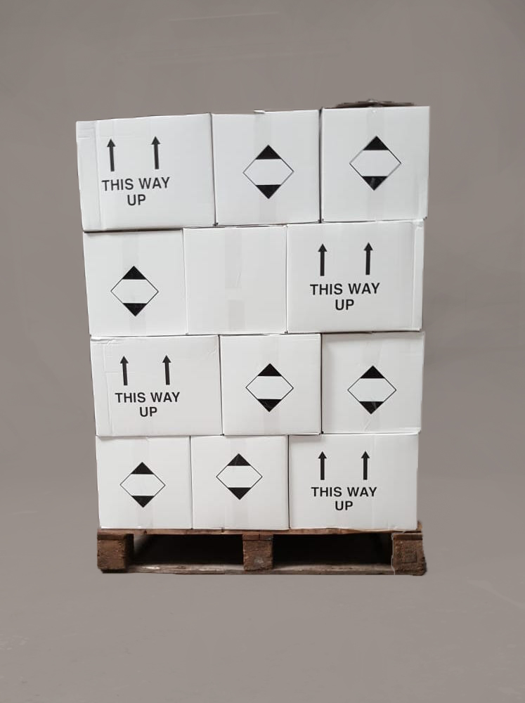 bulk sanitiser on pallet